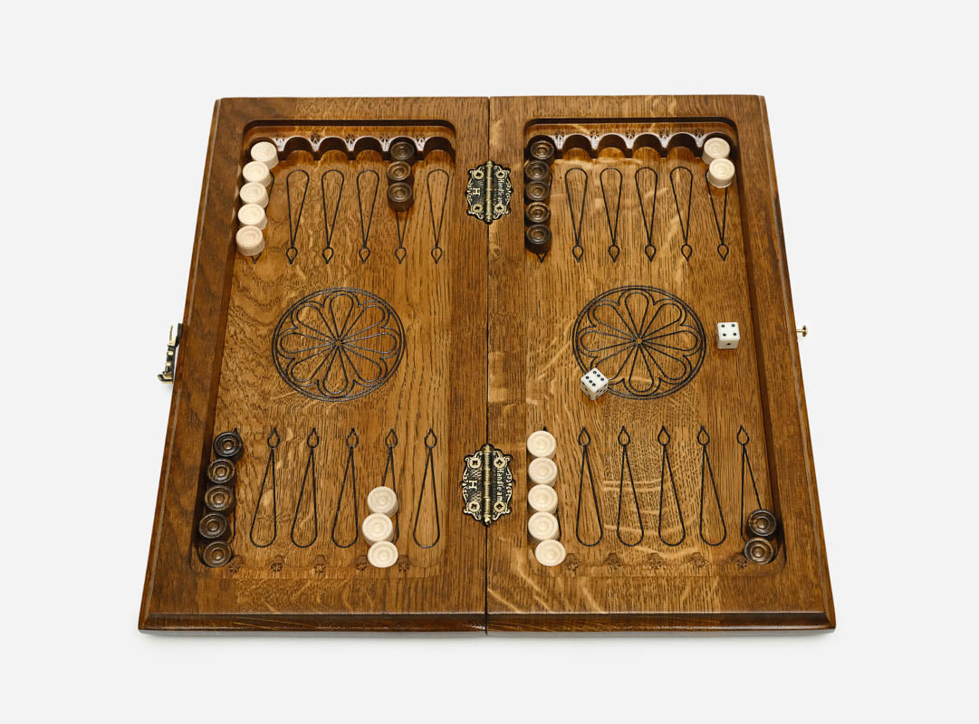 Ornament-carved travel chess set, angled view