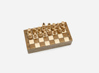 Compact wooden chessboard with turned pieces