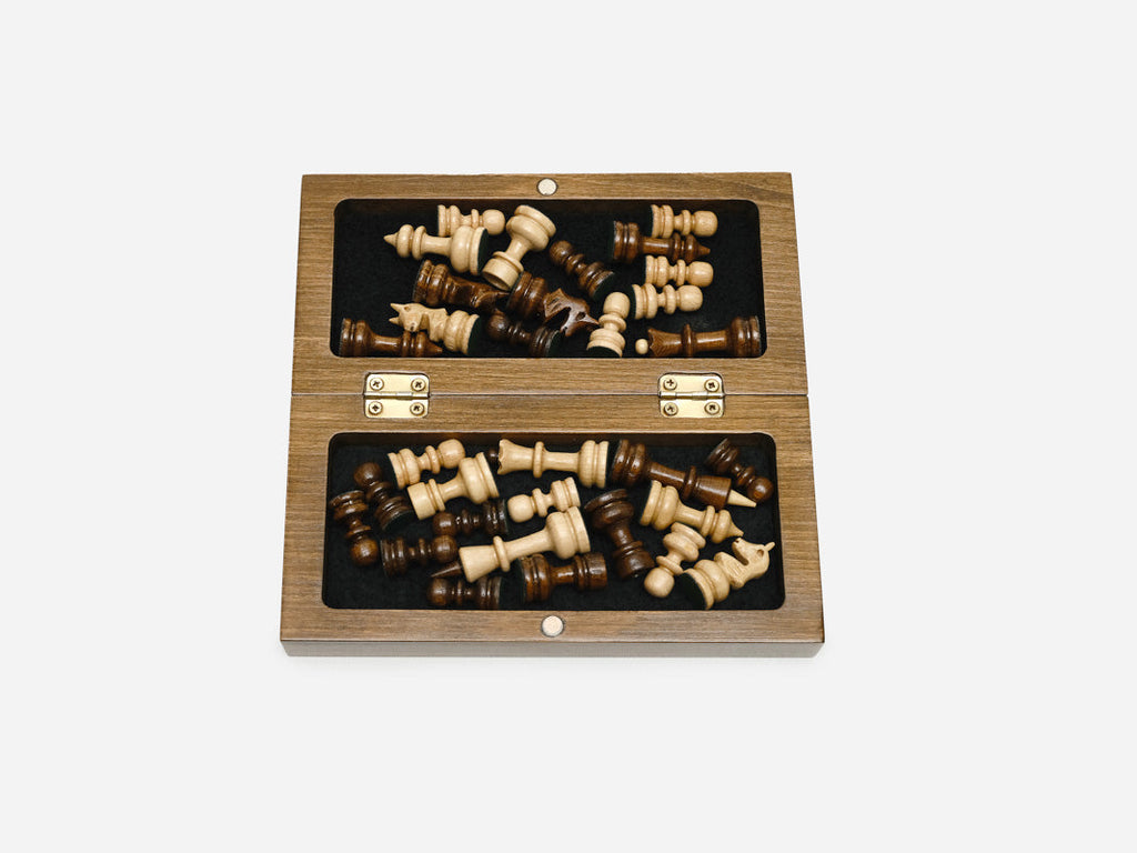 Handmade folding chess set, angled view