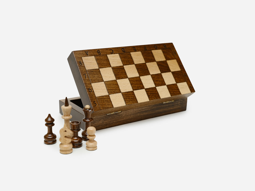 Handmade travel chess set in beech, pocket size