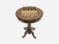 Hand-carved round wooden chess table with a full chess set arranged on the board