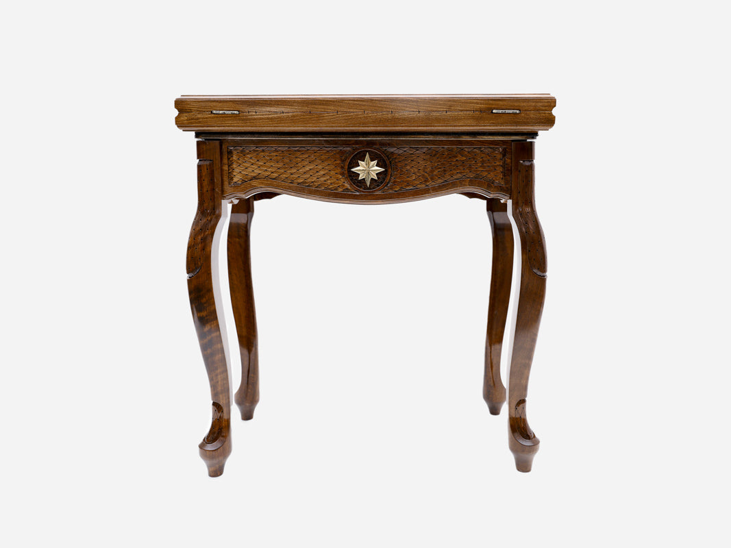 Handmade octagon chess table, angled view