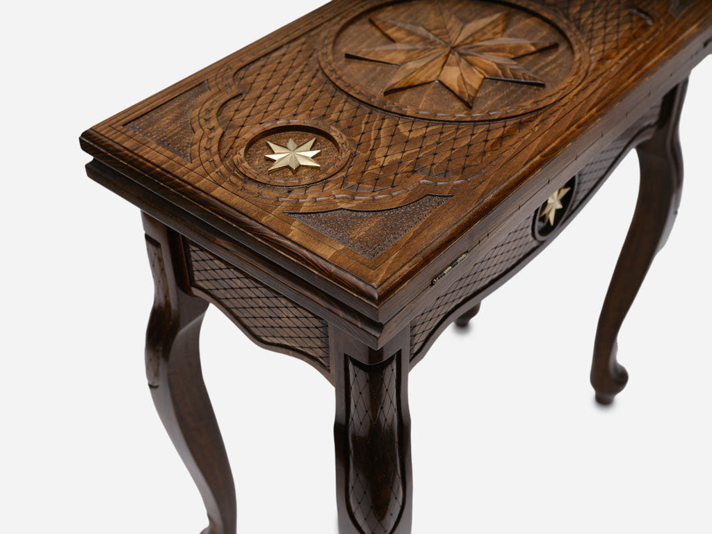 Octagon chess table, wood carving detail