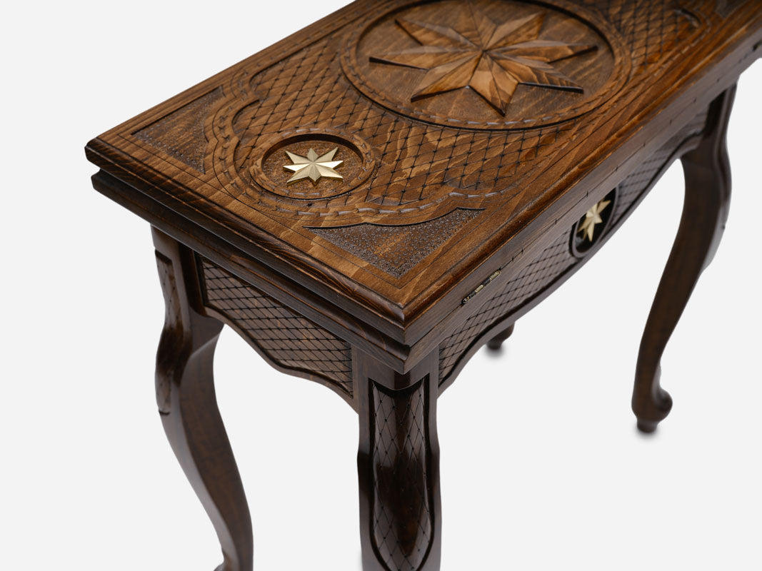 Octagon chess table, wood carving detail