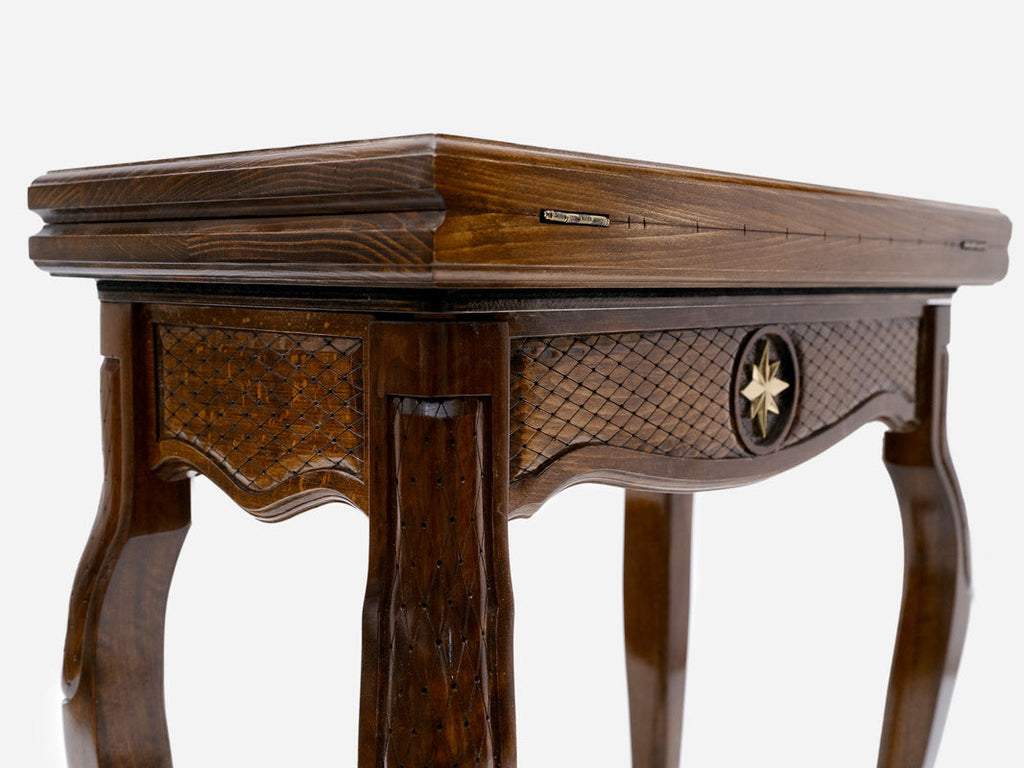 Octagon chess table, carved edge detail