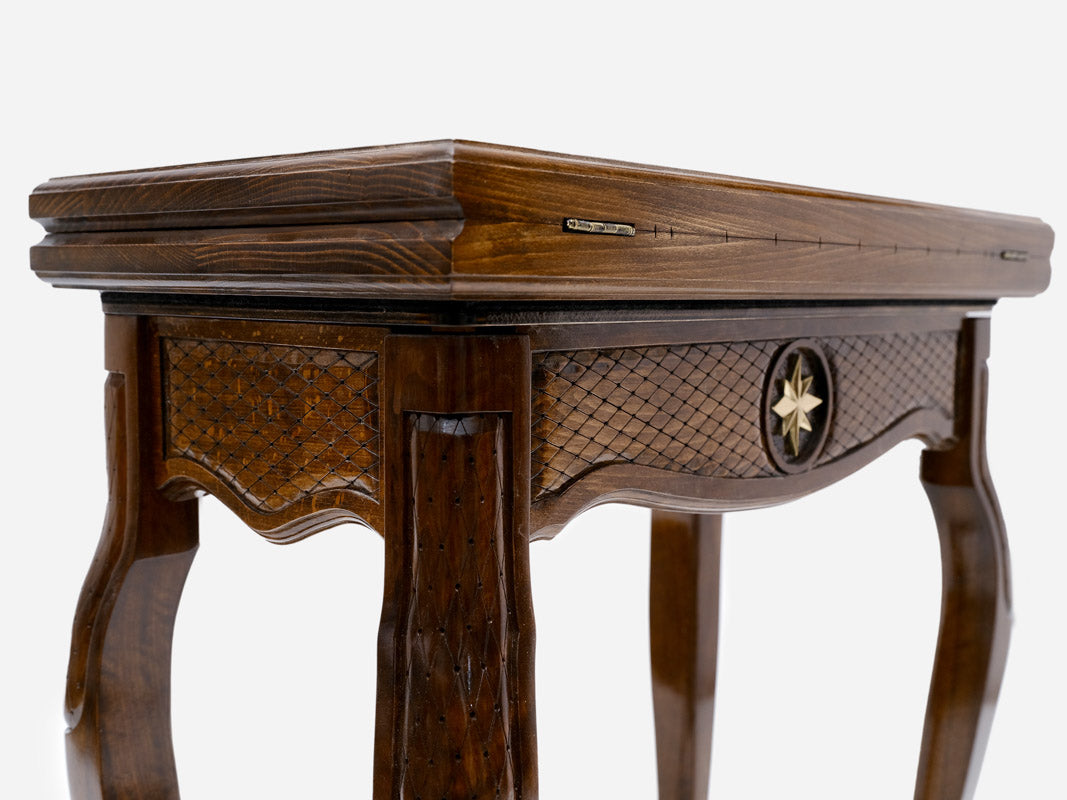 Octagon chess table, carved edge detail