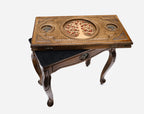 Armenian backgammon table with Tree of Life carving, closed, angled view on cabriole legs