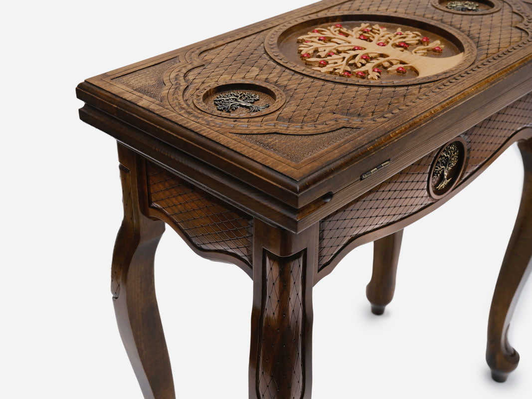 Tree of Life backgammon table opening to reveal the playing field