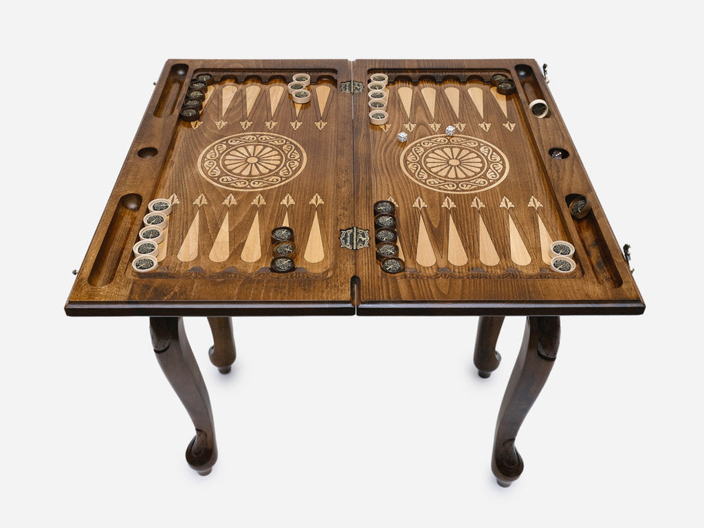 Close-up of the Tree of Life carving on the backgammon table lid