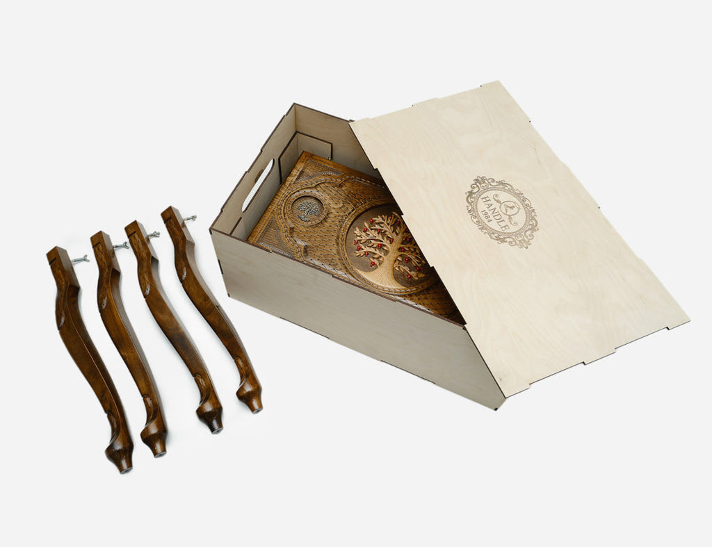 Tree of Life Armenian backgammon table, angled view of the closed carved lid