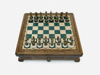 Green epoxy chess set set up for play, straight front view