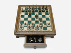 Green epoxy chess set top-down view with pieces set up for play
