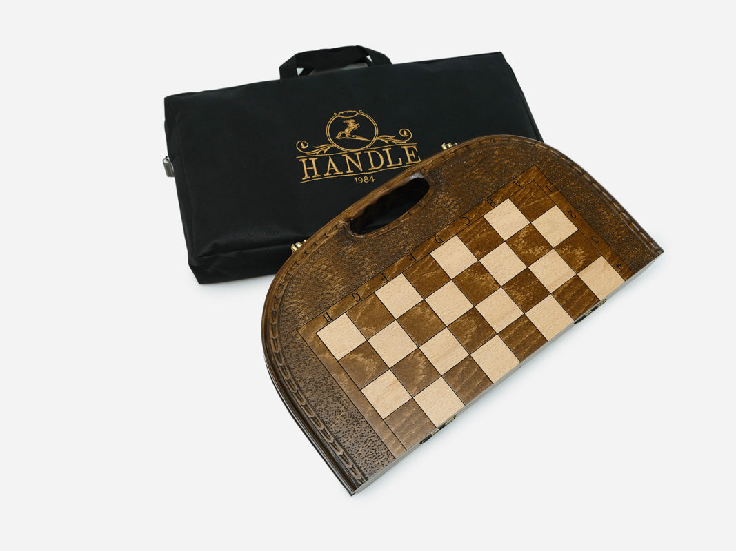 Interior view showing the carved ornaments at both ends and the backgammon points