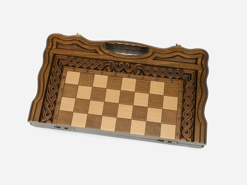 Carved chess set, close view