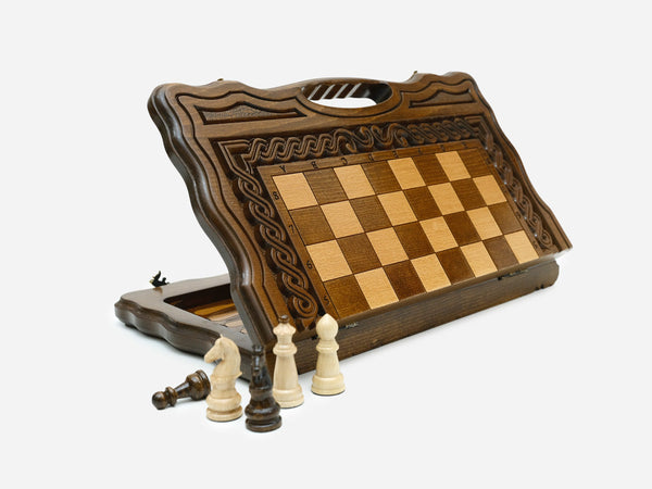 Carved chess set with backgammon inside, in warm beech