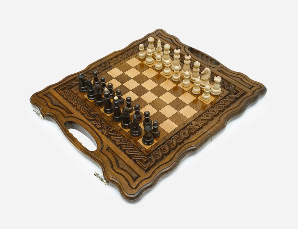 Two-game wooden board with turned pieces