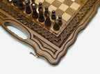 Carved chess backgammon set, corner detail