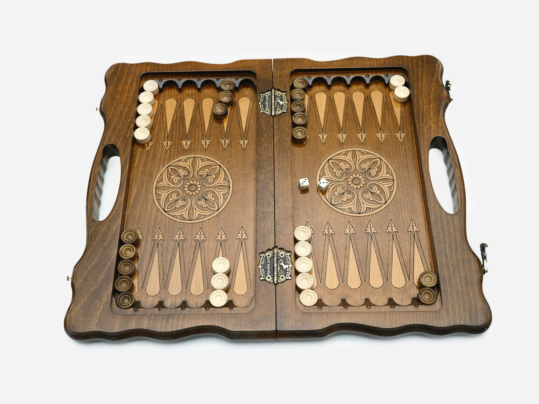 Wooden chess backgammon set with bronze clasps