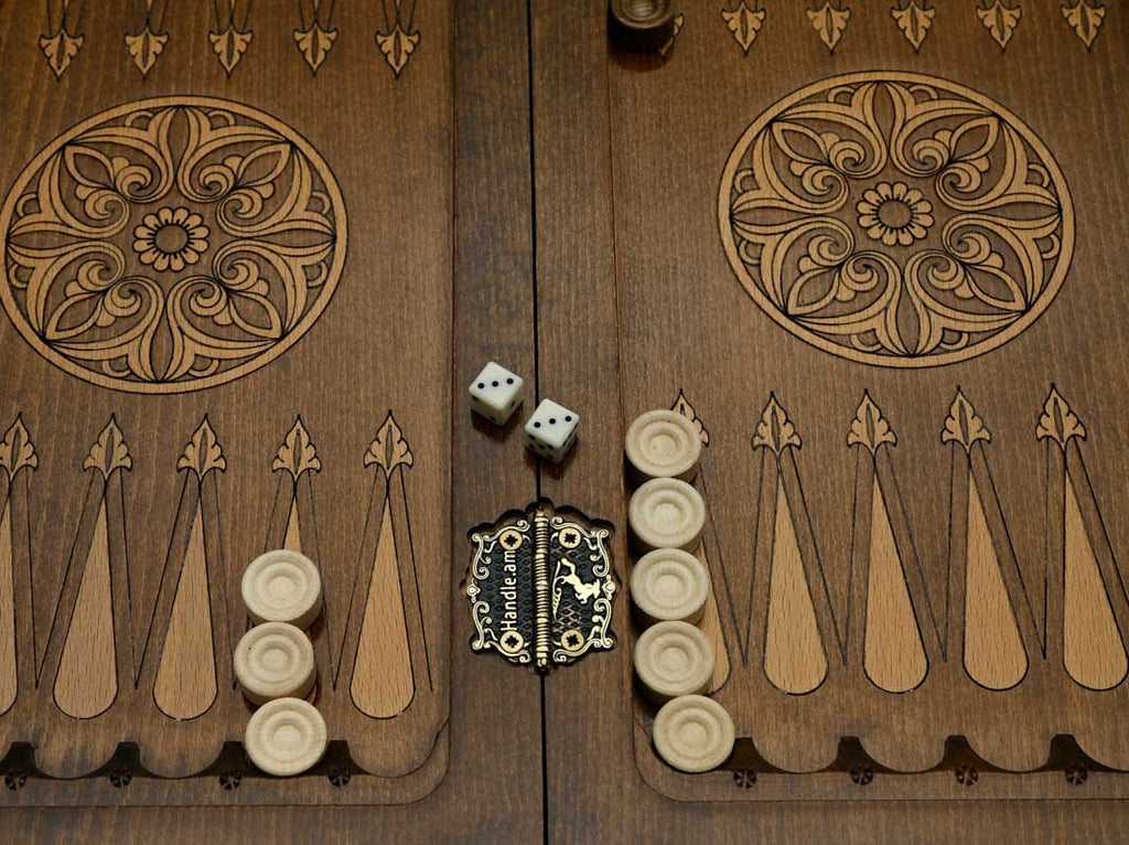 Hand-finished chess and backgammon board