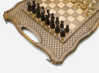 Overhead view of the chess board and its carved lattice border
