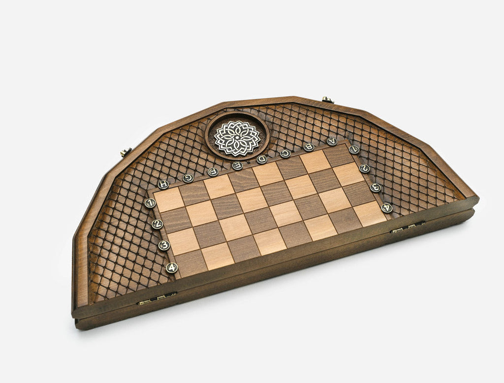 Hand-cut corners on the carved chess set