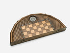 Hand-cut corners on the carved chess set