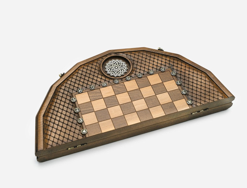 Hand-cut corners on the carved chess set