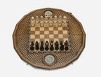 Full-size wooden chess set with carved geometry