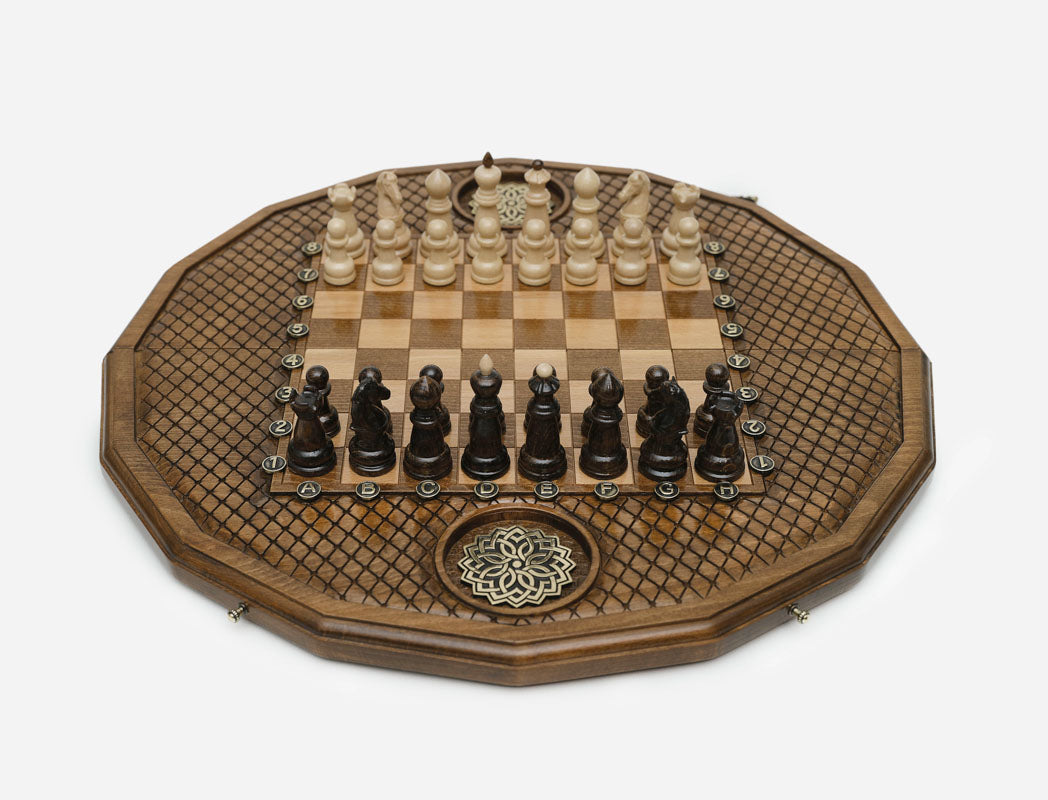 Geometric carving detail on the chess board