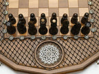 Sixteen-corner chess set shown folded