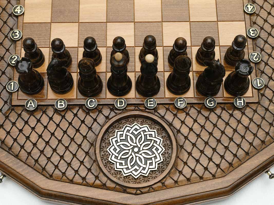 Sixteen-corner chess set shown folded