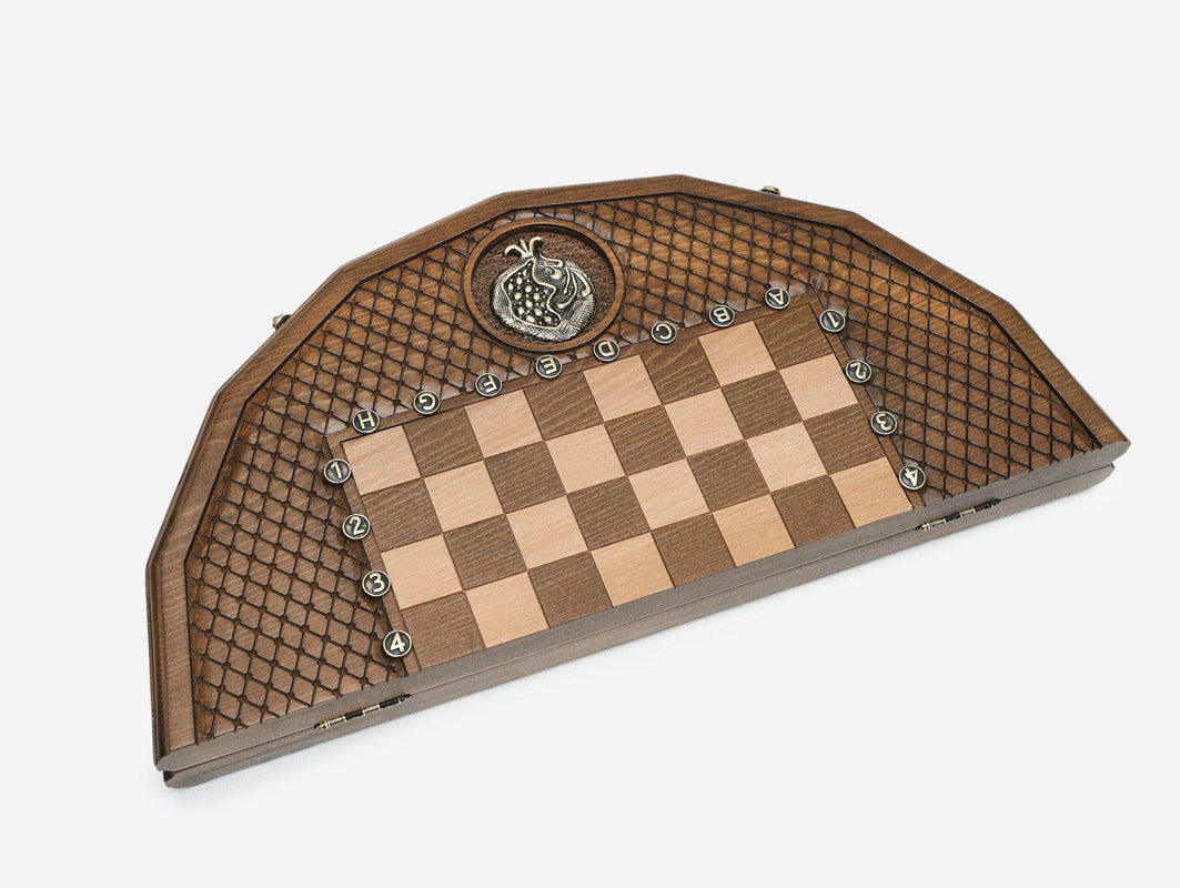 Pomegranate chess set with bronze clasps