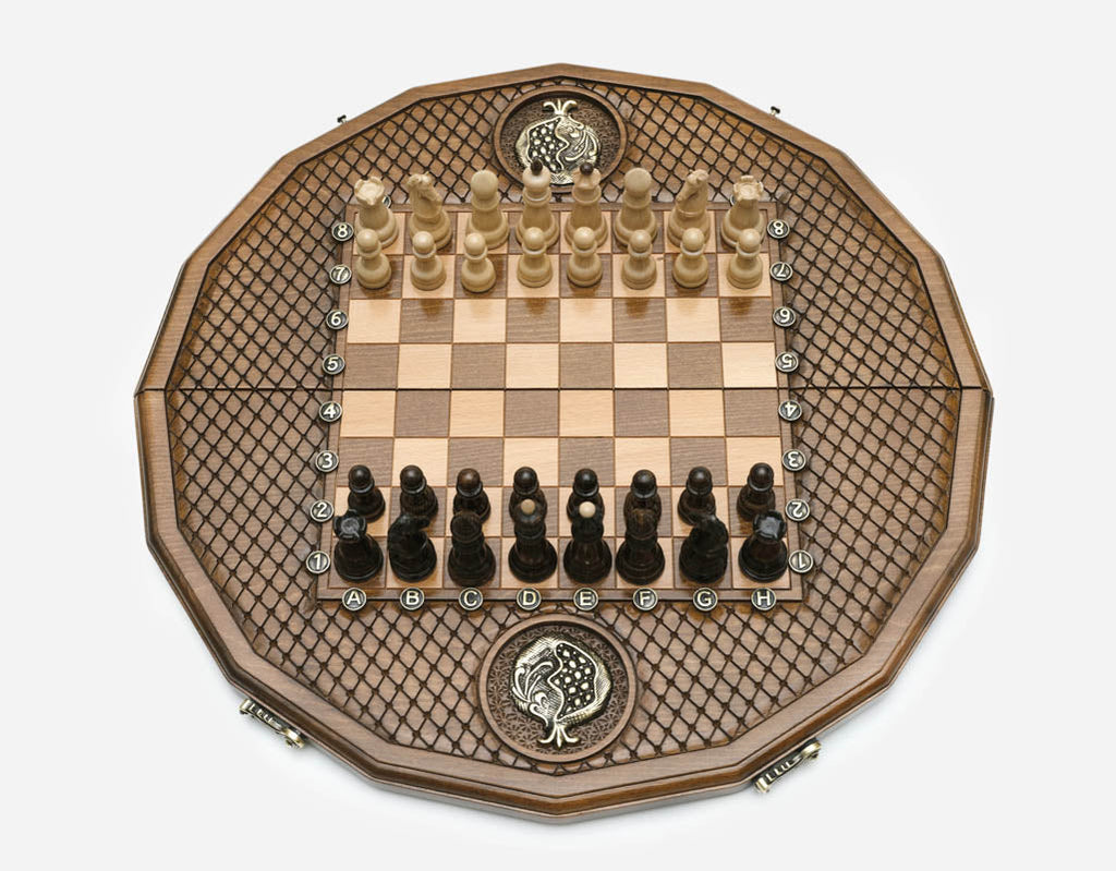 Handmade Armenian chess set with carved fruit border