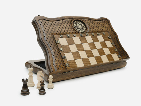Luxury wooden chess set with carved ornaments