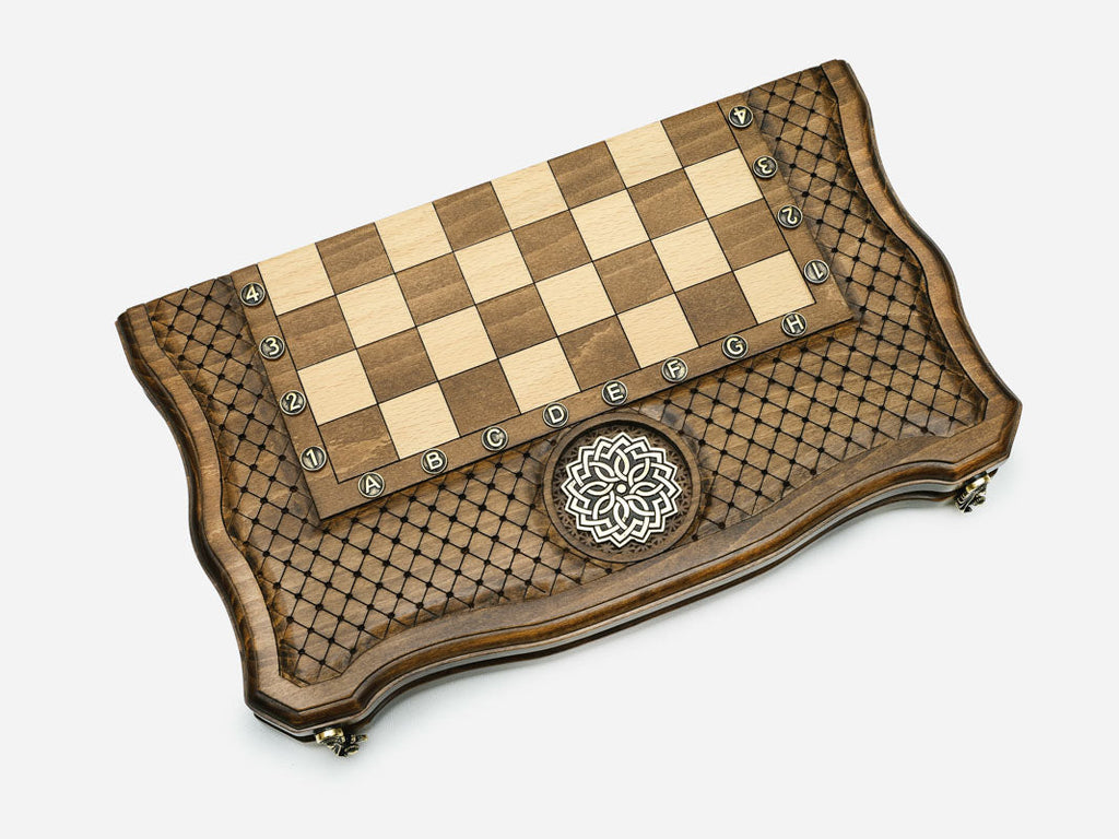 Compact ornament chess board, angled view