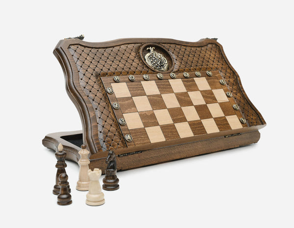 Luxury Armenian chess set with bronze pieces and pomegranate carving