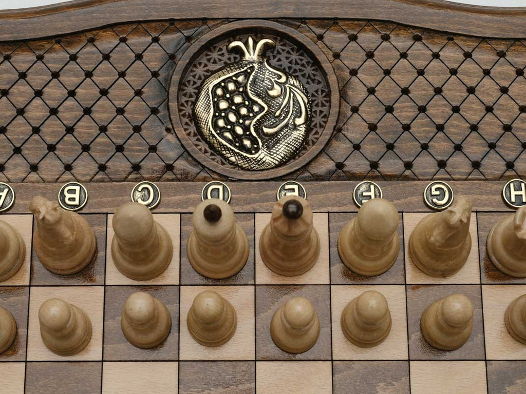 Compact Armenian chess set with bronze clasps
