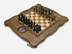 Figural bronze chess pieces on the carved Armenian board