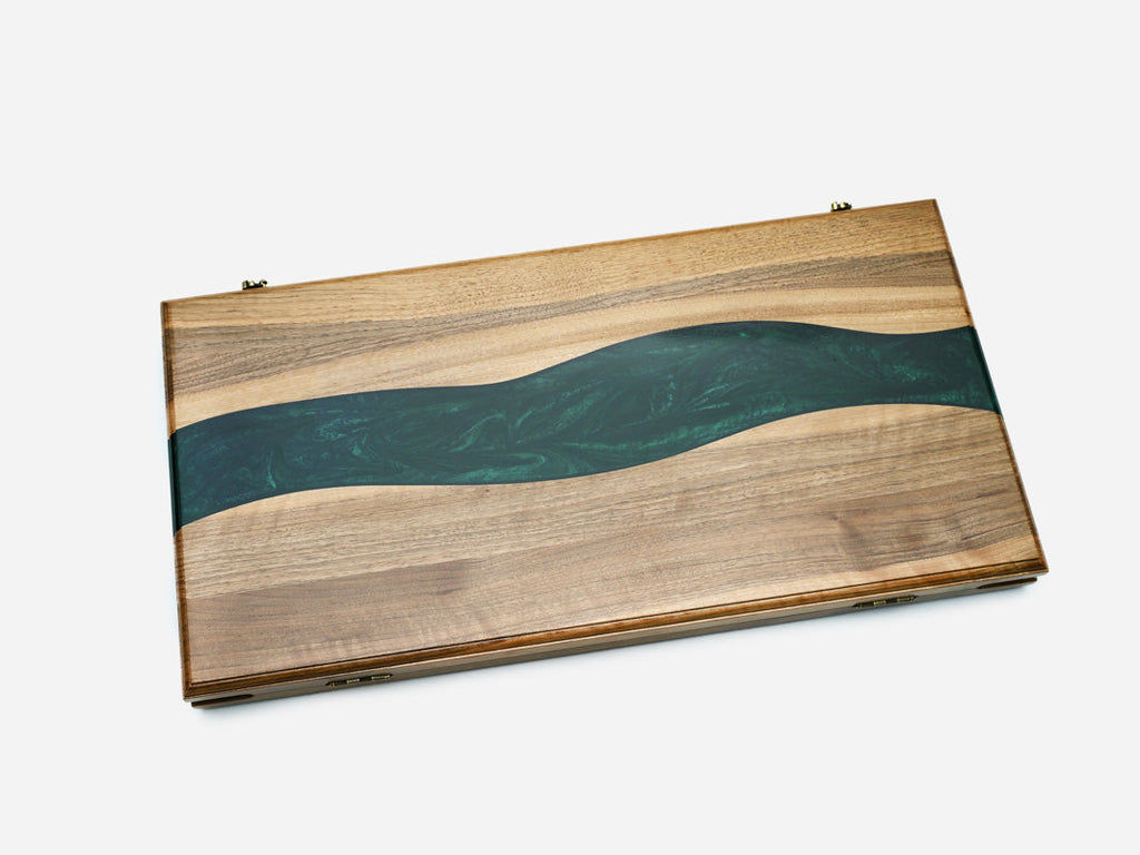 The green epoxy chess and backgammon board shown closed