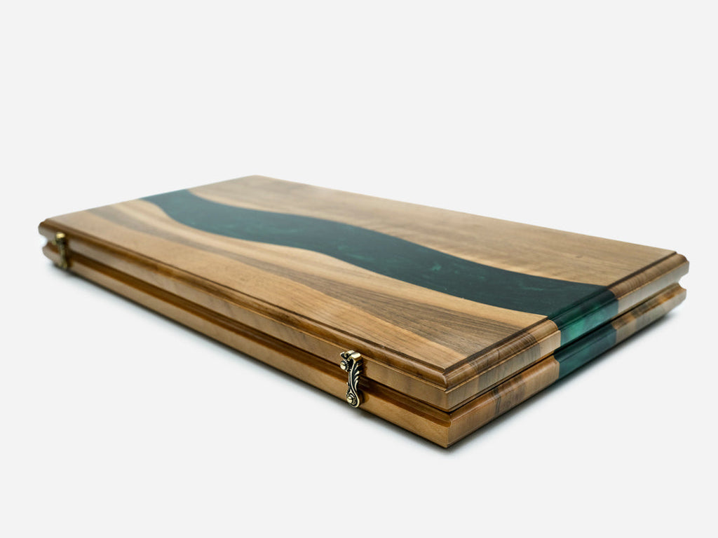 Overhead view of the green epoxy chessboard face