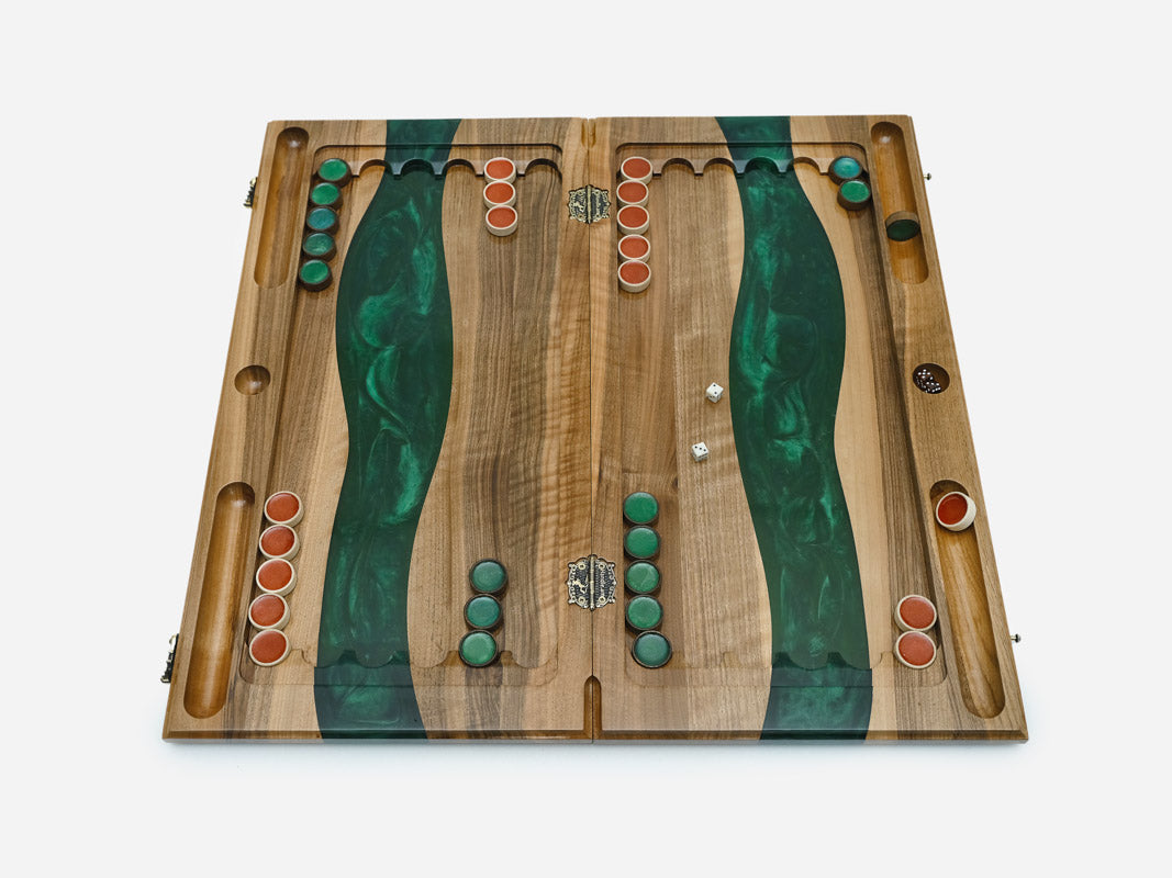 The board opened to its backgammon layout
