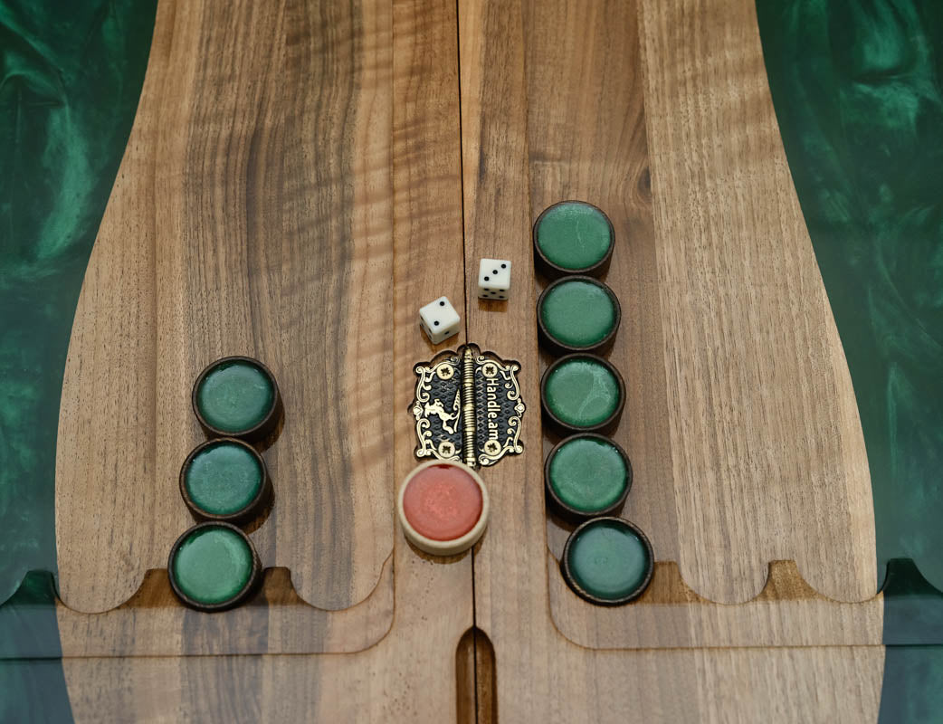Close-up of the green epoxy chessboard squares and carved basket-weave