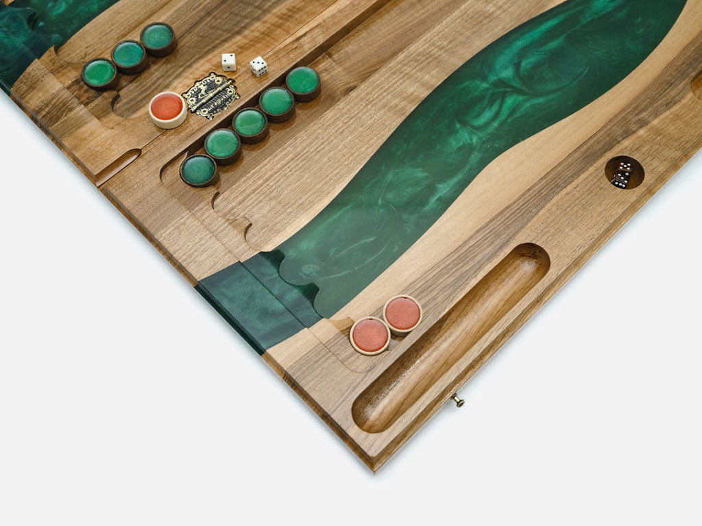 The open backgammon interior with wooden checkers