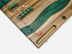 The open backgammon interior with wooden checkers