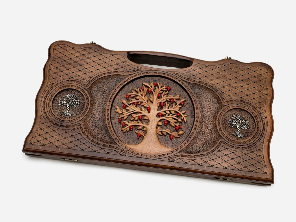 Angled view of the handmade Armenian backgammon set showing the three carved trees