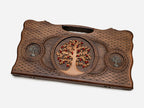 Angled view of the handmade Armenian backgammon set showing the three carved trees