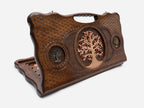 Armenian backgammon board with a bronze tree of life and a cut-out carry handle, propped open