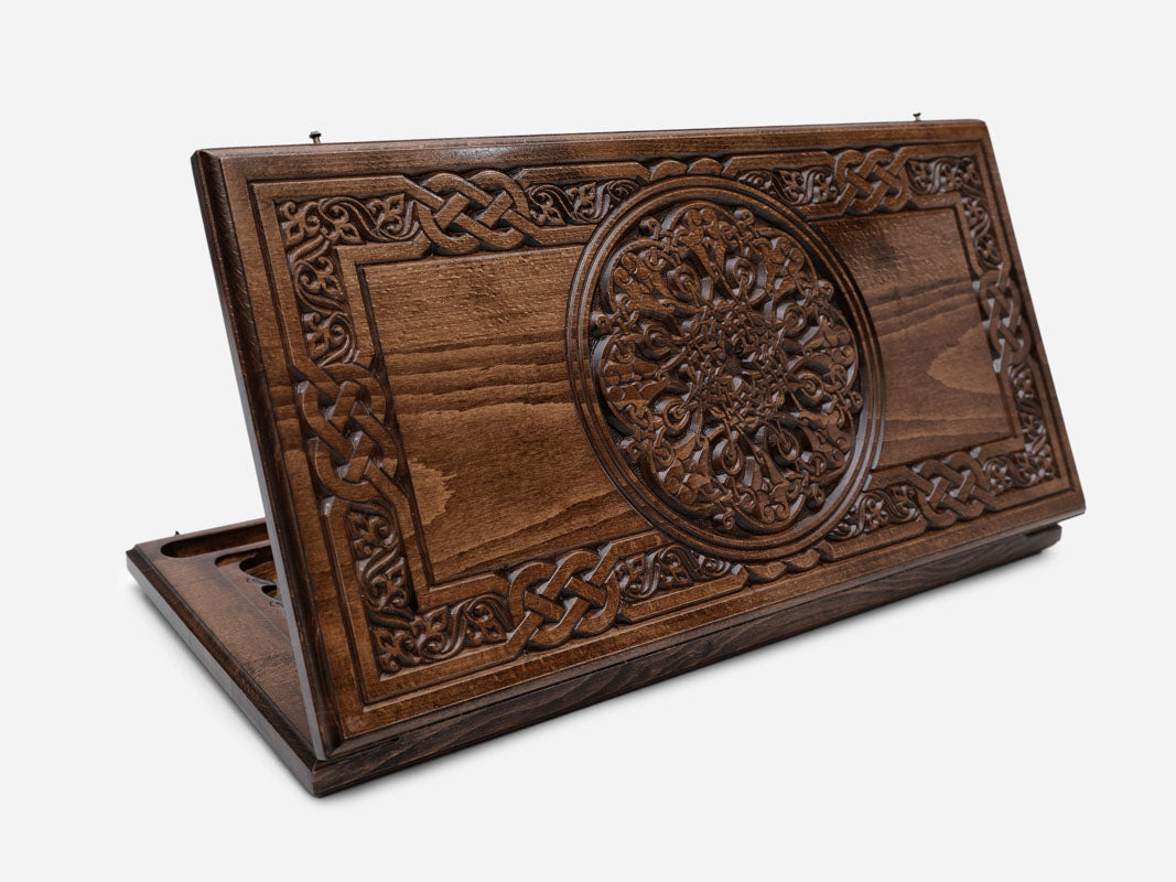 Armenian backgammon set with hand-carved ornament lid