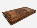 Hand-carved ornament detail on Armenian backgammon board