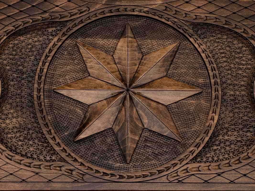 The backgammon board opened to show the wooden playing surface